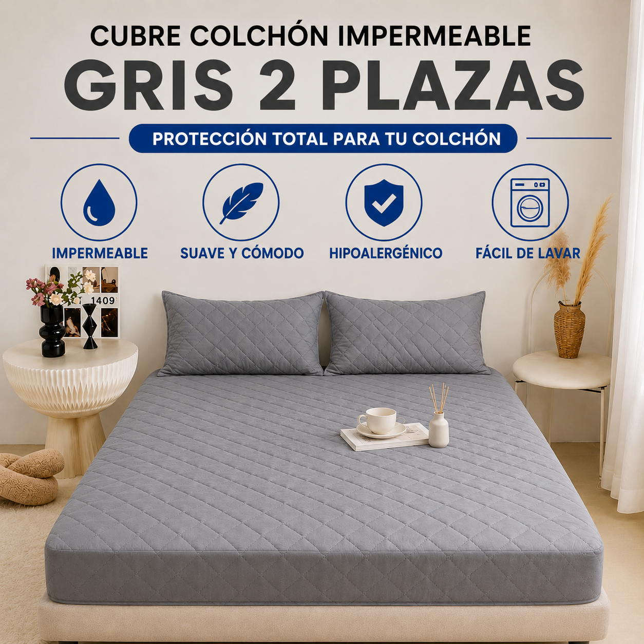 Cubre Colchón Impermeable 2 Plazas + 2 Fundas Almohada Gris