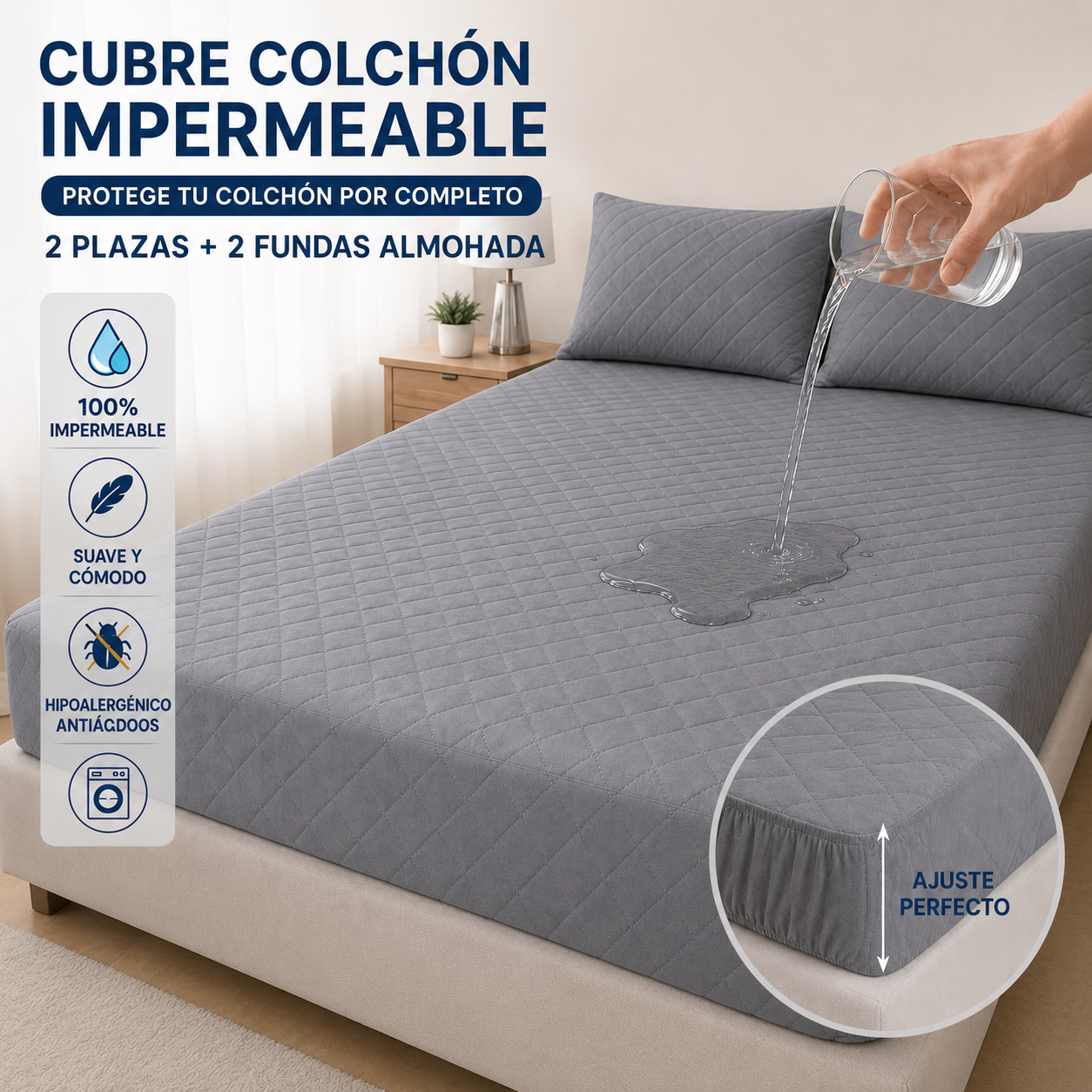 CUBRE COLCHÓN IMPERMEABLE 2 PLAZAS + 2 FUNDAS DE ALMOHADA